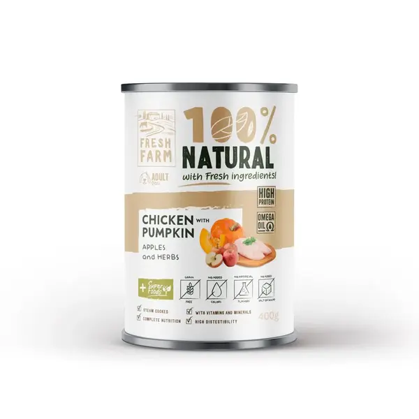 Conserva pentru caini Fresh Farm Coarse Pate cu pui , dovleac mere 400 gr