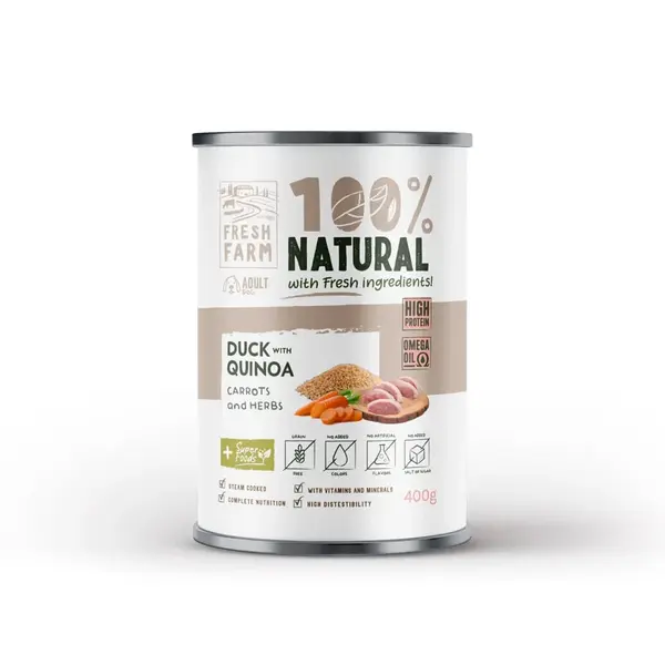 Conserva pentru caini Fresh Farm Coarse Pate cu rata, quinoa morcov 400 gr