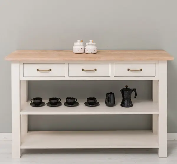 Consola cu 2 rafturi, 3 sertare, blat stejar cu finisaj Light Natural / Cream