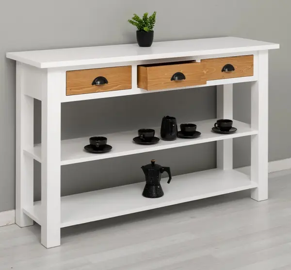 Consola cu 2 rafturi, 3 sertare cu finisaj White / Light Walnut Waxed