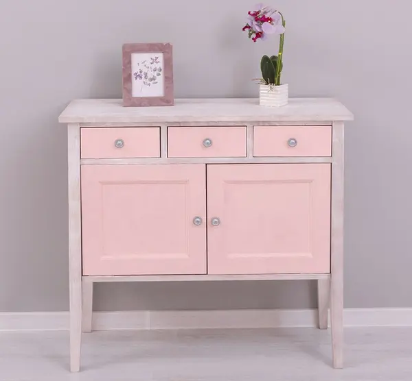 Consola cu 2 usi, 3 sertare cu finisaj Ash White/Misty Rose