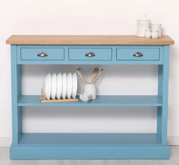 Consola cu 3 sertare si 1 polita, blat stejar cu finisaj Sky Blue / Golden Brown
