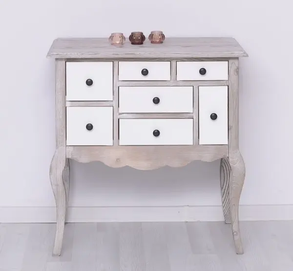 Consola cu picioare curbate si 7 sertare cu finisaj Dove Grey/White Antic