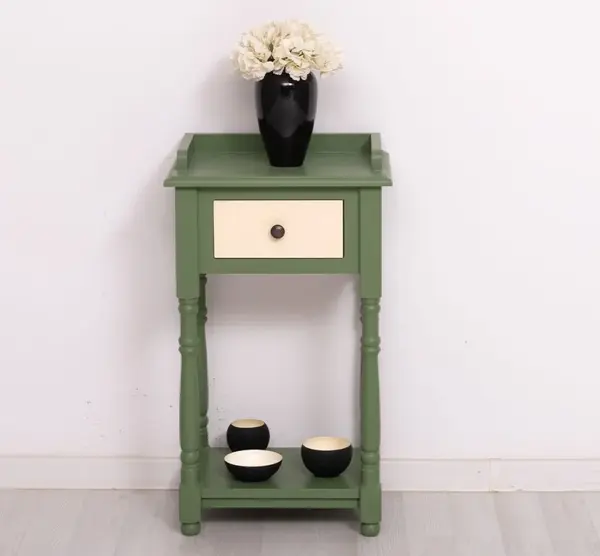Consola mica, picioare strunjite, 1 sertar cu finisaj Olive Drab/Beige