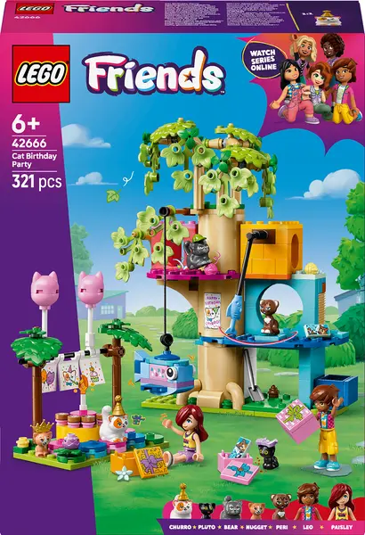Constructor LEGO Friends - Petrecere de ziua de naștere a pisicii și căsuță în copac (42666)