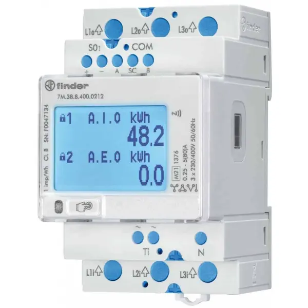 Contor de energie electrica trifazat cu masurare directa, activ-reactiv, 3 module, NFC, digital, 80A, bidirectional Finder 7M.38.8.400.0212