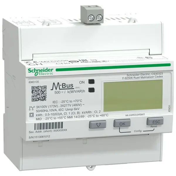 Contor Energie 63 A - M-Bus - 1 Digital I - 1 Digital O - Multi-Tarif Schneider A9MEM3135