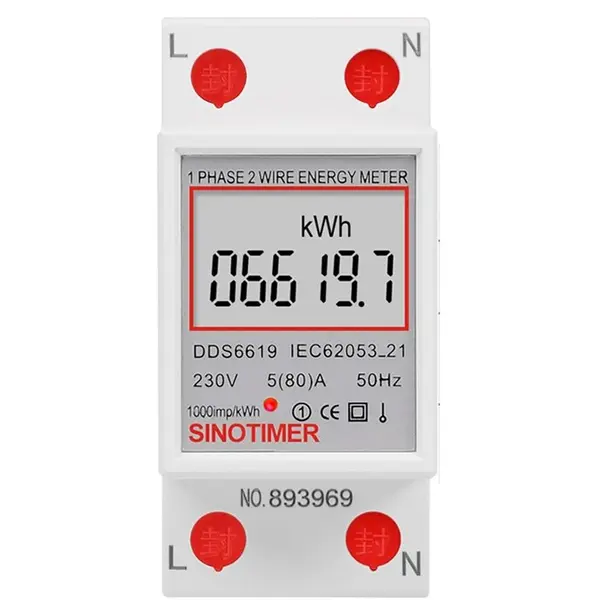 Contor monofazat de energie electrica, Sinotimer, 230V AC 50Hz, 5(80)A, ecran digital LED, DDS6619-007