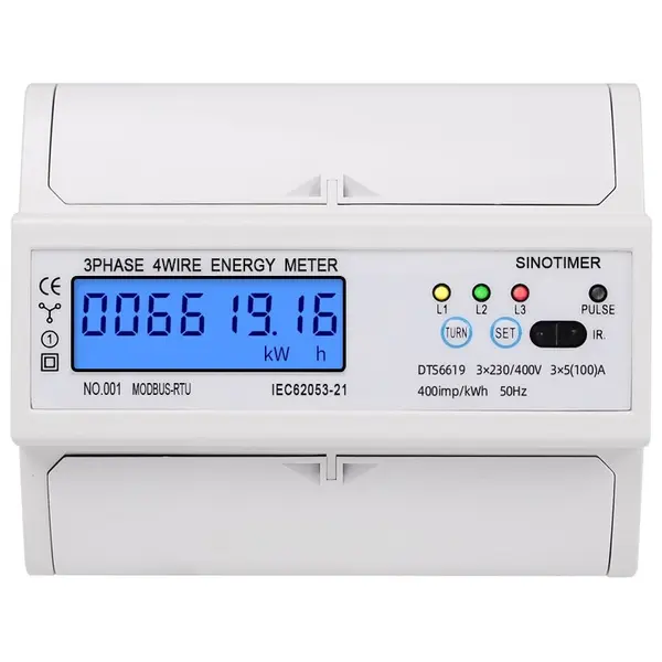 Contor trifazic de energie electrica, Sinotimer, 3x230/400V AC 50Hz, 3x5(100)A, ecran digital LED iluminat, DTS6619-016