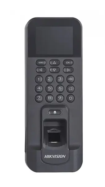 Controler de acces biometric stand alone Hikvision cu tastatura si cartele de proximitate MIFARE DS-K1T804AMF; Capacitate de stocare: 3,000cartele, 3,000 amprente si 100,000 evenimente; Suporta functii de Access Control si Time Attendance; display LCD2