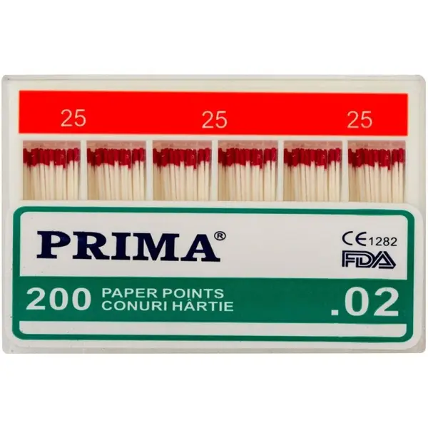 Conuri din Hartie Absorbanta .02 Taper, Nr.25, pentru Uscarea Canalelor Radiculare, Prima, 200 Bucati