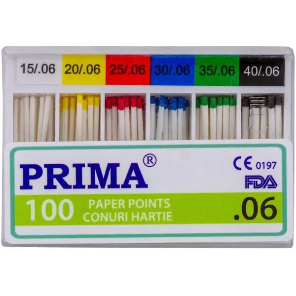 Conuri din Hartie Absorbanta .06 Taper, Asortate Nr.15-40, pentru Uscarea Canalelor Radiculare, Prima, 100 Bucati