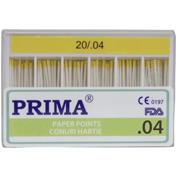 Conuri din Hartie Absorbanta ISO 20, Galben, Marimea 4, pentru Uscarea Canalelor Radiculare, 60 Bucati
