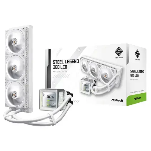 Cooler CPU AIO ASRock Steel Legend 360 LCD, Racire cu lichid, Ecran IPS LCD 3.4inch, 3x12cm, ARGB, 2500rpm (Alb)
