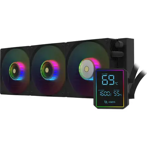 Cooler CPU cu lichid AQIRYS Aurora 360 AiO, 3 x 120mm, Display LCD, Negru