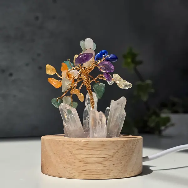 Copac Feng Shui 7 chakre pe bază de cuarț de stâncă – lampă decorativă USB