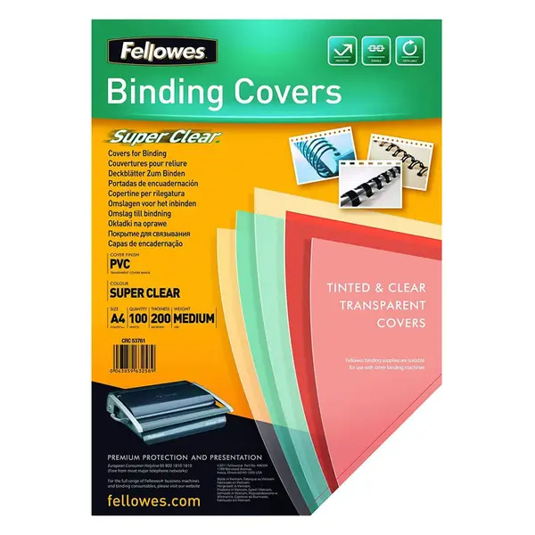 Coperti plastic Fellowes A4 200 microni transparent 100 bucati/top Coperti plastic Fellowes A4 200 microni transparent 100 bucati/top