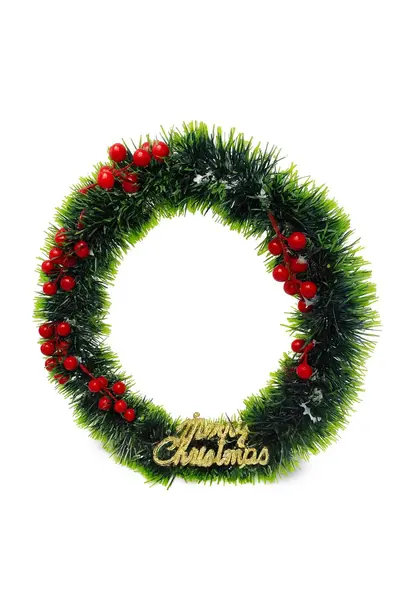 COROANA DECORATIVA CRACIUN VERDE CU BOABE ROSII SI MERRY CHRISTMAS, 30cm