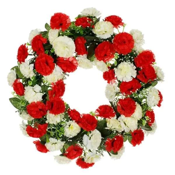 Coronita decorativa artificiala cu garoafe albe si rosii,plastic, 36 cm