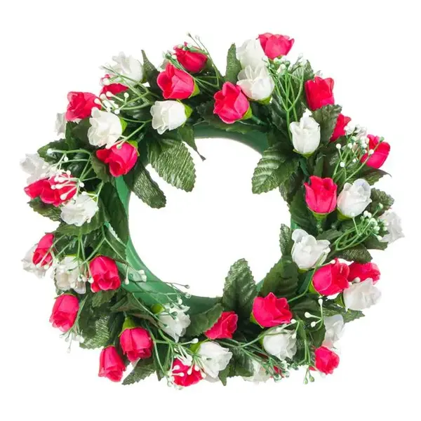 Coronita decorativa artificiala cu trandafir alb-rosu,plastic, 27 cm