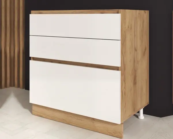 Corp inferior bucatarie Chelsea, 90x49x82cm, 3 sertare, Stejar K003+Acril Alb