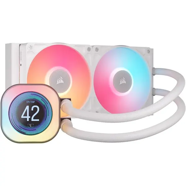 CORSAIR Cooler Procesor CORSAIR iCUE LINK TITAN 240 RX LCD ALB, dimensiune radiator 277x120x27mm, 2 ventilatoare ARGB, viteza ventilatoare: 300-2100RPM