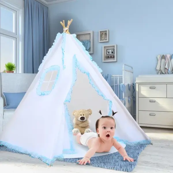 Cort de joaca pentru copii, cort teepee, stil indian, Empria, 110x110x110 cm, Alb Bleu