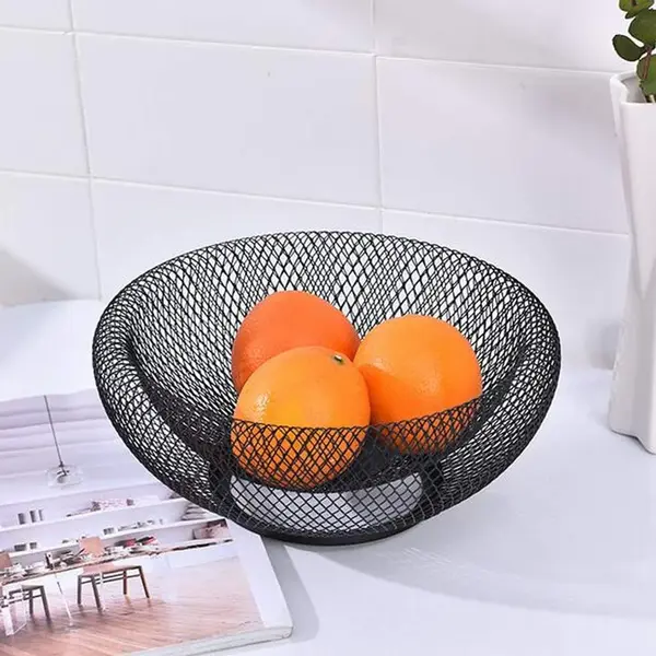 Cos de fructe decorativ, rotund, metalic, 25,5 x 13 cm, negru