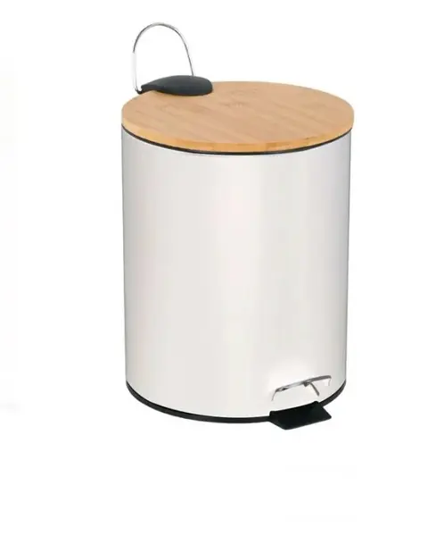Cos de gunoi cu capac din bambus, Rotund, Alb, Metal, 5 litri