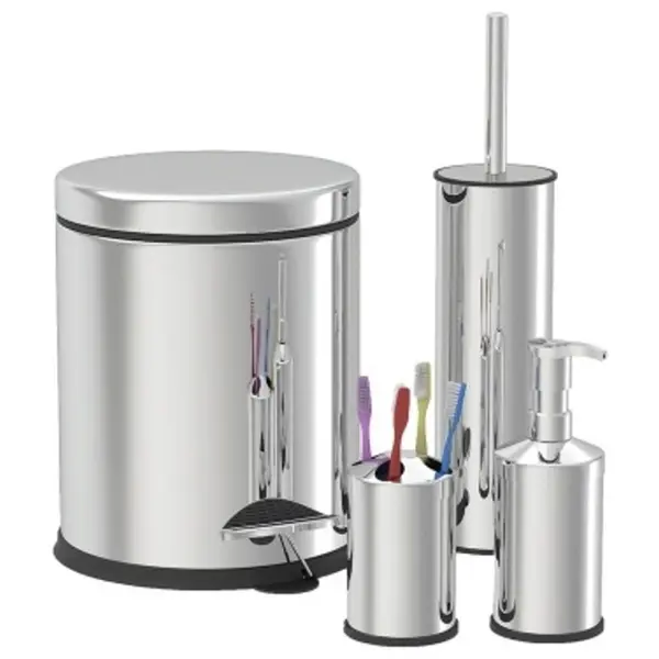 Cos Menajer de 3 l, Perie WC, Suport Sapun Lichid, Suport Periute de Dinti, Inox, 4 Bucati