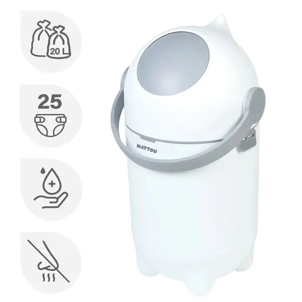 Cos pentru scutece, Nattou Dropy Alb, sistem etans impotriva mirosurilor, compatibil cu saci universali, operare cu o mana, potrivit pentru 25 scutece, 27 x 27 x 48.5 cm, 20 l