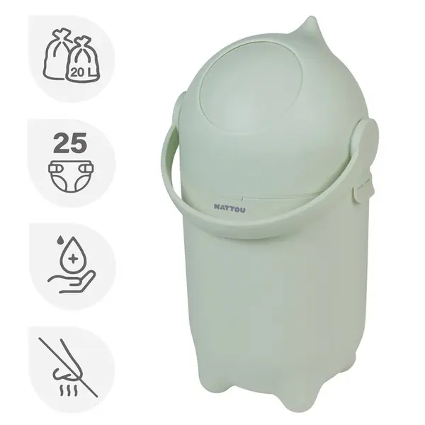 Cos pentru scutece, Nattou, Dropy, Sistem etans impotriva mirosurilor, Compatibil cu saci universali, Operare cu o mana, Potrivit pentru cca 25 scutece, 27 × 27 × 48.5 cm, 20 l, Verde