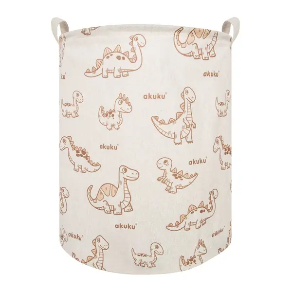 Cos pliabil textil Akuku Dino pentru jucariihaine cu manere practice,interior impermeabil,dimensiune 37x43 cm,supraimprimare cu desene