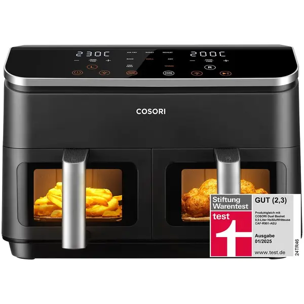COSORI Friteza cu aer cald Cosori, 8 functii de gatire , 5L, 2 camere, 1750W, interior metalic, fereastra de vizualizare, Negru