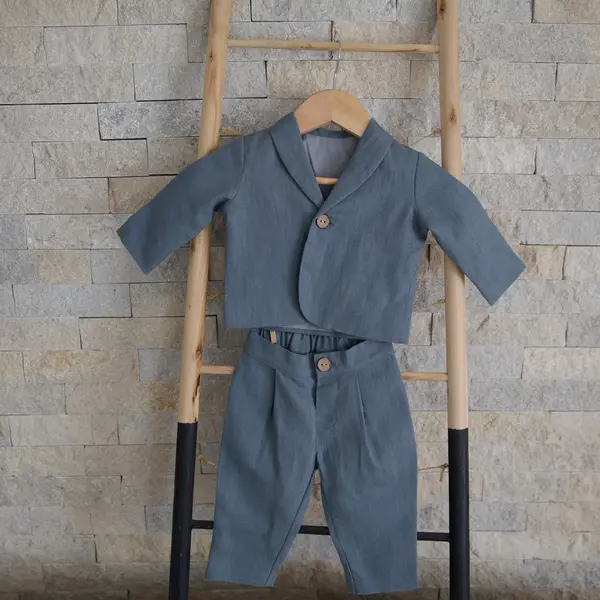 Costum Botez Baieti Albastru Din In - 62