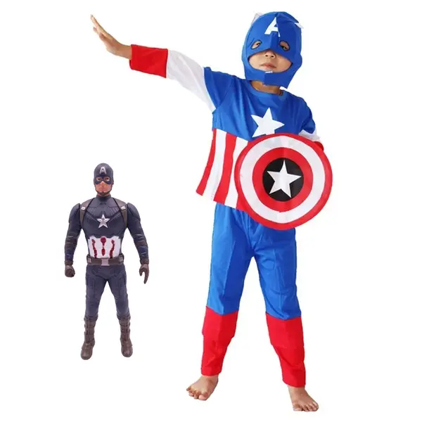 Costum Captain America pentru copii, First Avenger, poliester, albastru, figurina inclusa, 5-7 ani, 110-120 cm