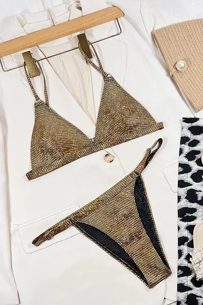 Costum de baie doua piese Paradise Passion, cu paiete si burete detasabil, Auriu