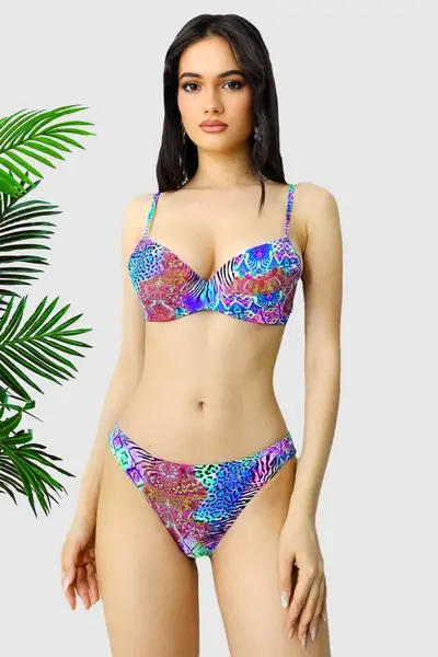 Costum de baie doua piese Yolis, imprimeu jungle si sutien ajustabil, Mov