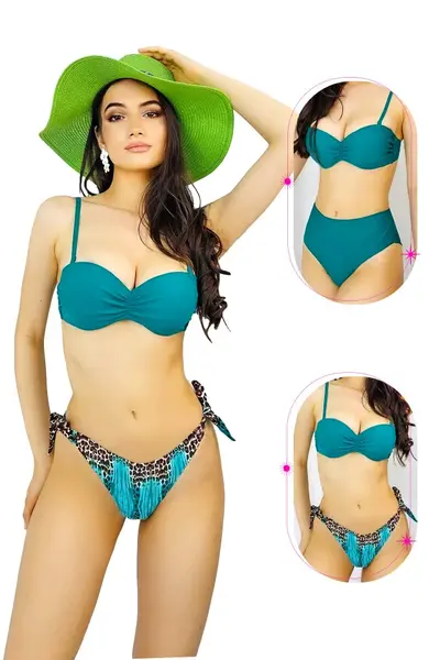 Costum de baie trei piese Ingrid, cu doua tipuri de slip si imprimeu abstract, Turquoise