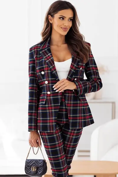 Costum elegant Nina, cu sacou, pantaloni tip pana si imprimeu in carouri, Negru, Marime S/M