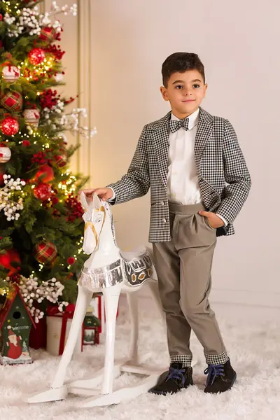 Costum elegant pentru baieti, sacou in carouri si pantalon din catifea gri - 7 ani/ 10 ani