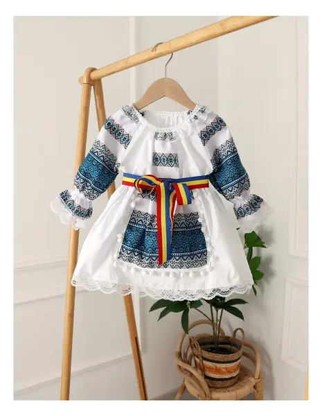 Costum popular fetite 3 piese turcoaz