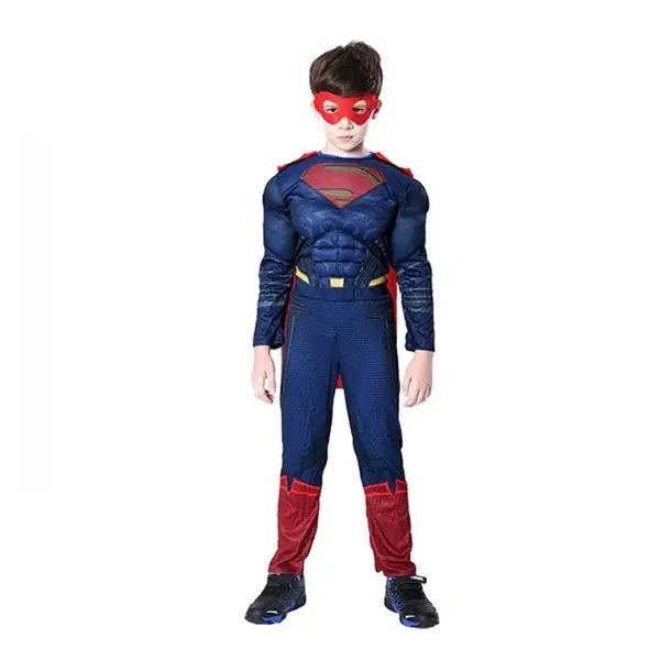 Costum Superman cu Muschi pentru Copii DEPOX , Salopeta, Pelerina si Masca, 7-9 Ani, 120-130 cm