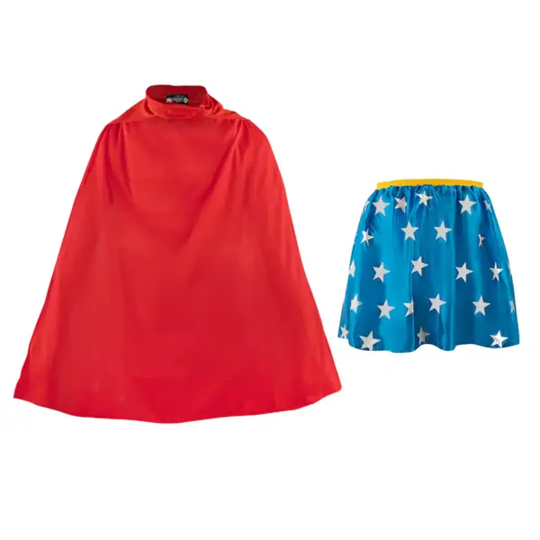 Costum Wonder Woman pentru copii, Themyscira Princess, fusta si pelerina, poliester, albastru-rosu, 7-10 ani