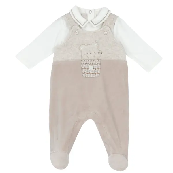 Costumas body si salopeta bebe Chicco, botosei, Bej cu model, 00377-69MFCI