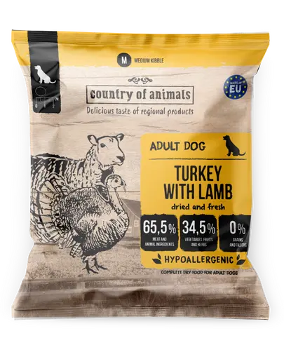 COUNTRY OF ANIMALS Turkey with Lamb M 50g curcan și miel, hrană uscată câini