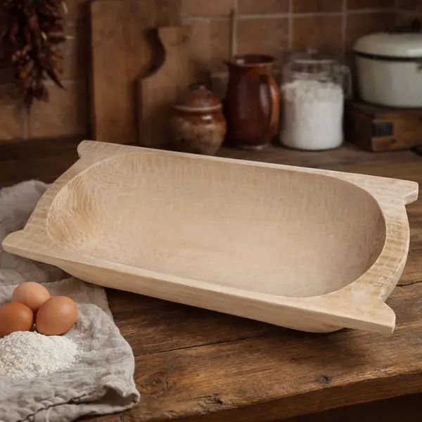 Covata din lemn pentru aluat, cioplita manual - model traditional 47x28 cm