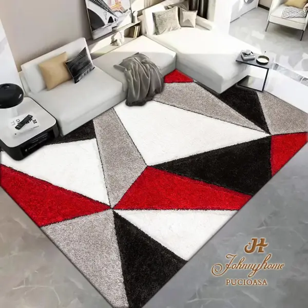 Covor 80x300cm pentru Dormitor si Living, Gri - Rosu - Alb - Negru