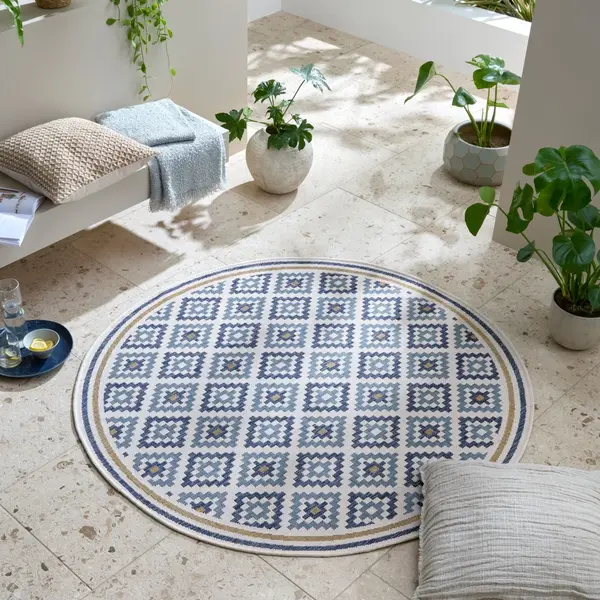 Covor rotund Zia Trellis Outdoor Albastru 160x160 cm, Flair Rugs