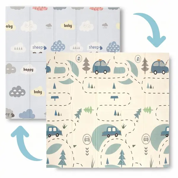 Covoras de joaca, Bocioland, Forest Road, Pliabil, Protectie impotriva loviturilor, Dimensiune mare, 180 x 150 cm, Cu Imprimeu pe ambele parti, Potrivit pentru utlizare atat in interior, cat si in exterior
